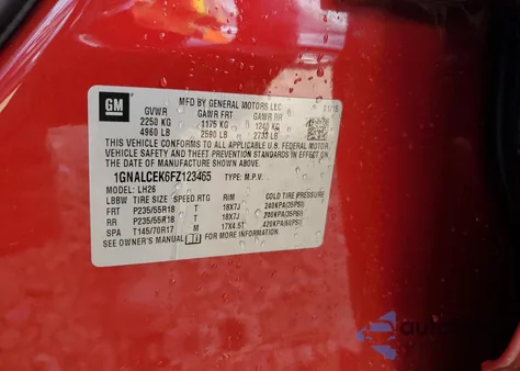 2015 Chevrolet Equinox Lt из США, поврежденный, VIN 1GNALCEK6FZ123465